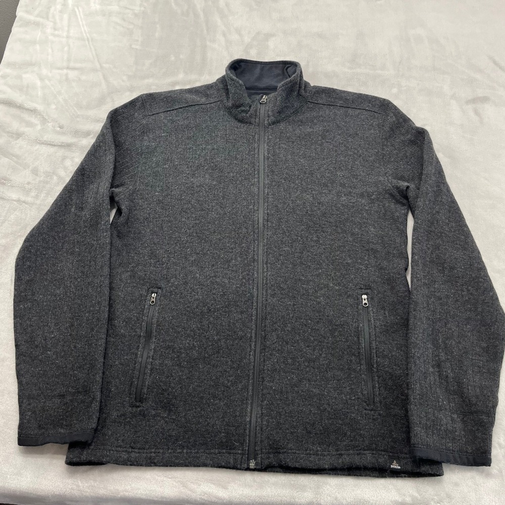 PrAna Barclay Sweater Jacket Men Large Gray Wool Blend Mock Neck Full Zip Preppy
